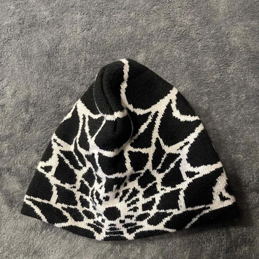 Shein Black and White Spider Web Knit Beanie - Picture 3 of 5